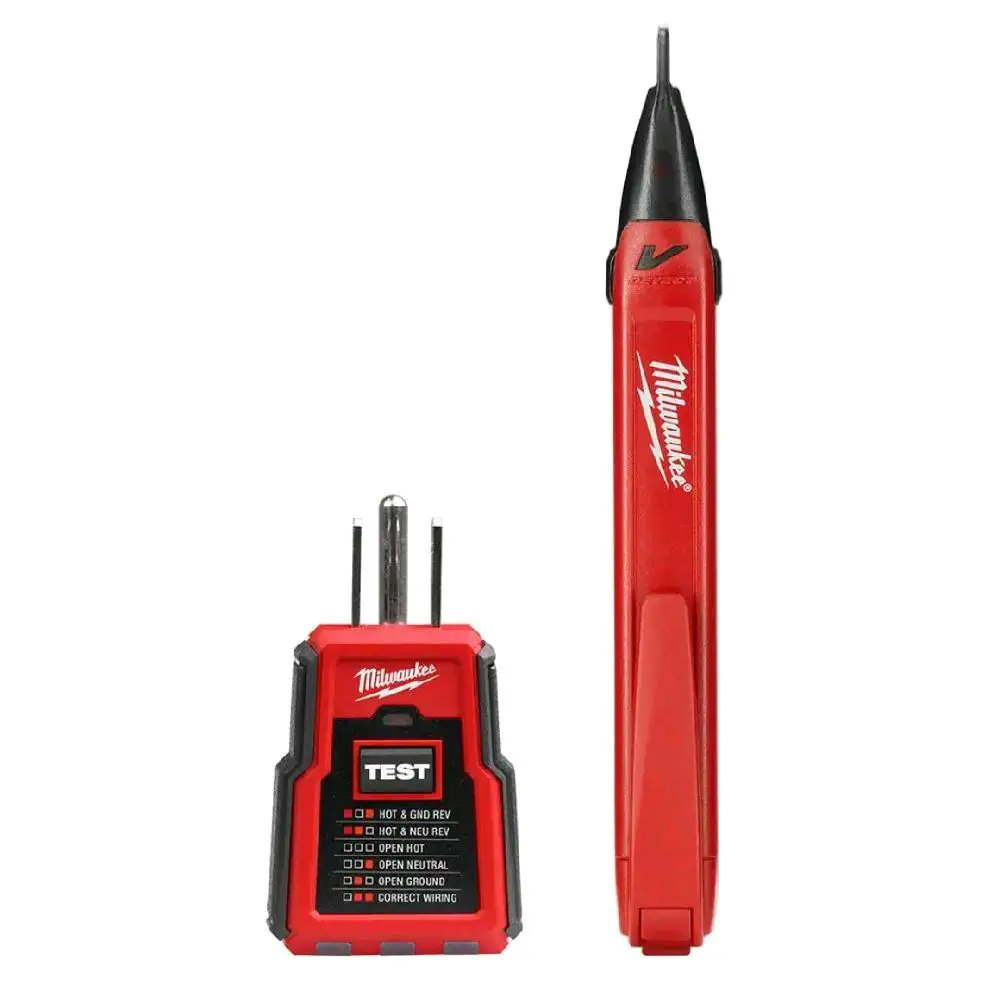 Milwaukee Premium Non-Contact Voltage Check Tool & GFCI Outlet Tester Kit, Blinking Red Light Alerts, Open Hot/Neutral Detection, Pocket Clip Carry