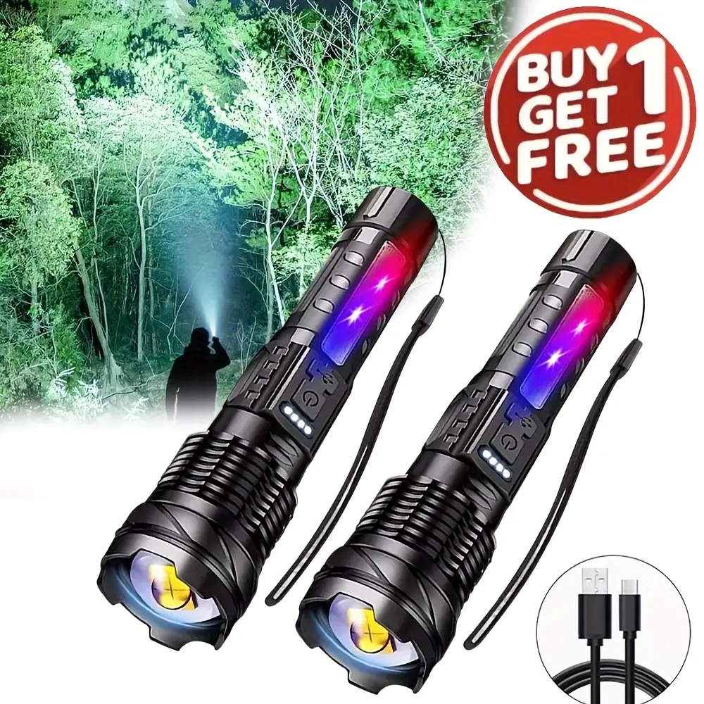 Buy 1 Get 1 Free, Total 2 One Multi-Function Torch High Lumen Rechargeable LED Battery Powered 7 Light Modes, Cob Sidelight, USB C, Zoom, Powerful Handheld Flash Perfect for Emergency, Camping, Outdoor Adventure