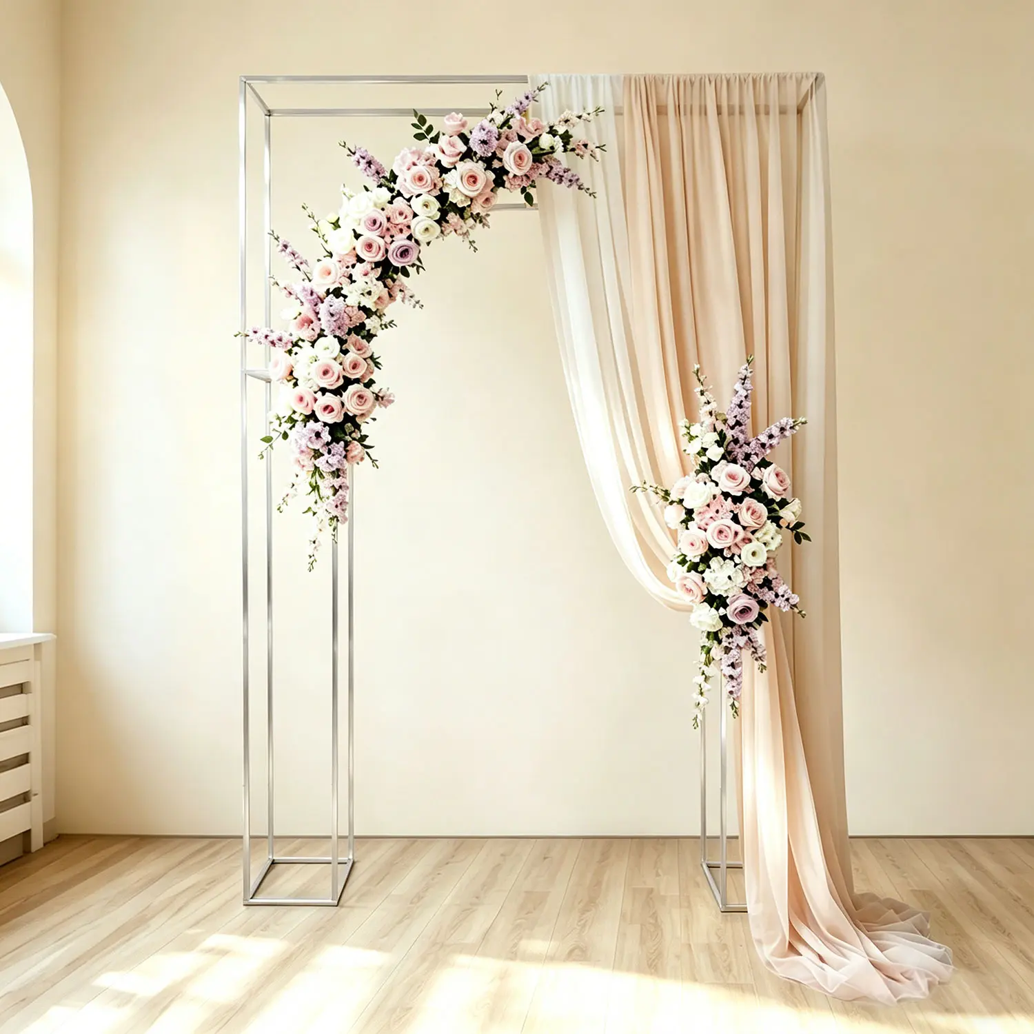 Silver Electroplated Double Square Arch Stand, 7.2ft & 8.6ft Tall Reusable Backdrop Frame with Built-in Shelves for Wedding Birthday Baby Shower Graduation Party Decor