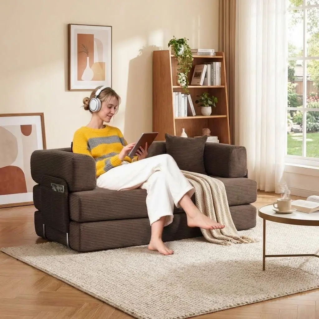 Brown 5-in-1 Convertible Corduroy Sofa Bed - 78"l x 39"w Modular Sleeper, Sturdy Frame, Adjustable Arms, Pillows, Polyurethane Foam Cushion, Non-Slip Safety, Fully Assembled, Space Saving for Small Space Hosting, King Size Bed Compatible, With Cushion
