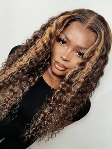 Black-brown wig T-shaped 13*4*1 front lace wig Short curly hair High-temperature resistant filament Elastic net cap Daily use / Ladies gift / Daily wear / Party and gathering - 32 inches