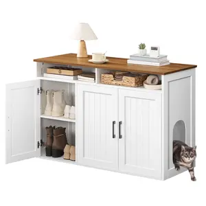 MAHANCRIS Cat Litter Box Enclosure for Self Cleaning Litter Boxes, Large Hidden Litter Box Furniture with Shelves, Wooden Cat Washroom Storage Cabinet, Automatic Litter Box Enclosure, White #SpringSale #BigSpringSale