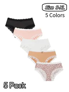 Women's Lace Trim Patchwork Fashion Chic Thong Panties, Leopard Print Milk Silk Fabric, Soft Comfortable Breathable, All Seasons, 5 Pack