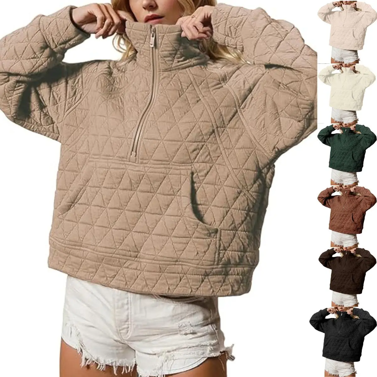 JovenPara Women's Quilted Puffer Hoodie - Half-Zip Longsleeve Basic Polyester Pullover, Lightweight Oversized Warm Fall Casual Coat, Half-Zip Neck