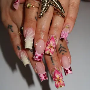 Pink Hibiscus Shell Press On Nails, 3D Tropical Flower Nail Art, Pearl Seashell French Tip Nails, Luxury Beach Vacation Acrylic Nails