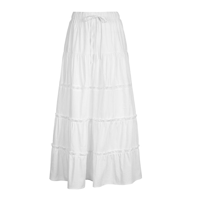Women's White Tiered Long Skirts Drawstring Elastic Waist Solid Color Ruched Midi Skirts Side Split Fitted Cotton Fabric Basic Chic Style