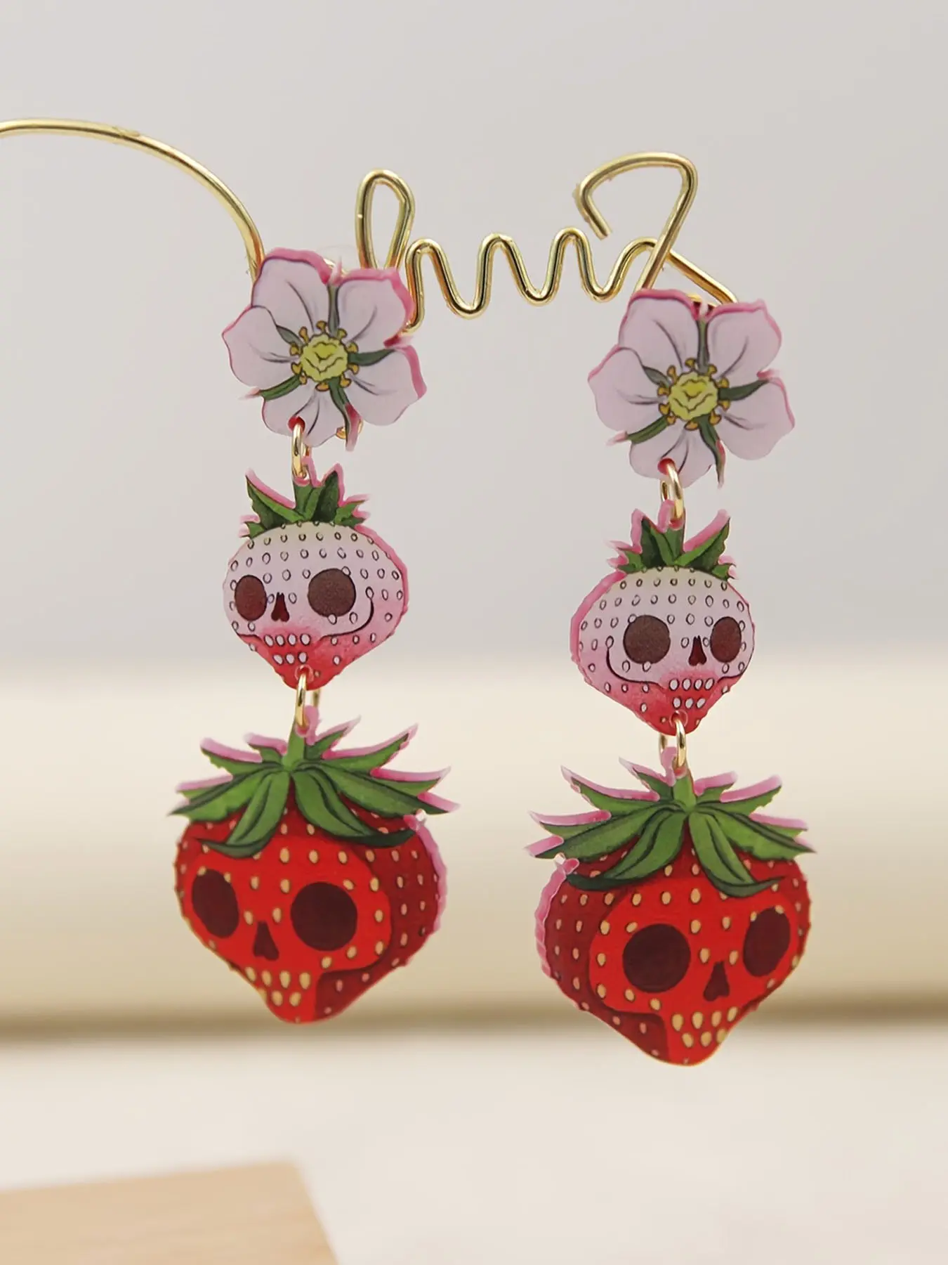 Women's Gothic Strawberry Skull Stud & Drop dangle earrings - Red & Green Party Jewelry with - Cute Halloween, Birthday, Summer Outfits - Lightweight Acrylic Statement Earrings Gift for s, Halloween Earrings