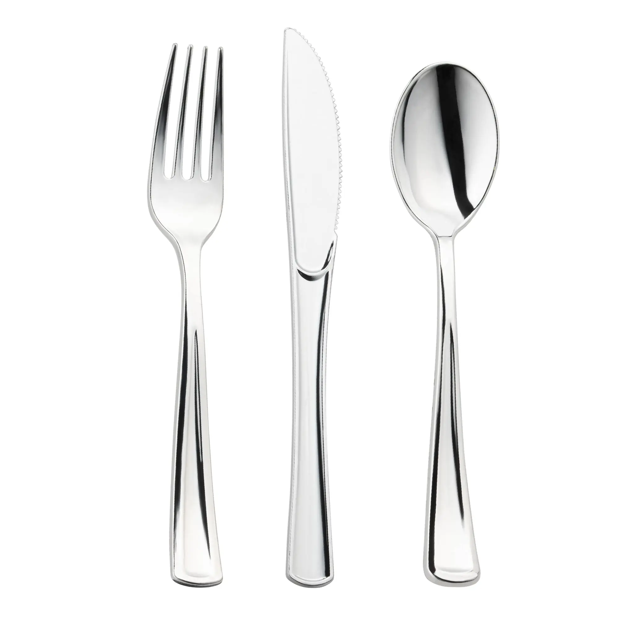 Shiny Metallic Silver Plastic Cutlery Combo Set - 60 Spoons, 60 Forks and 60 Knives