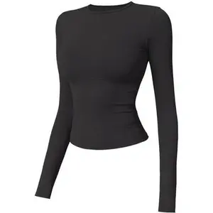Women's Solid Long Sleeve Sports Tee Sporty Round Neck T-shirt for Yoga Gym Workout Running Ladies Sportswear for Spring & Fall Athletic Tops High Performance Fabric Moderate Thickness Tight Fitting