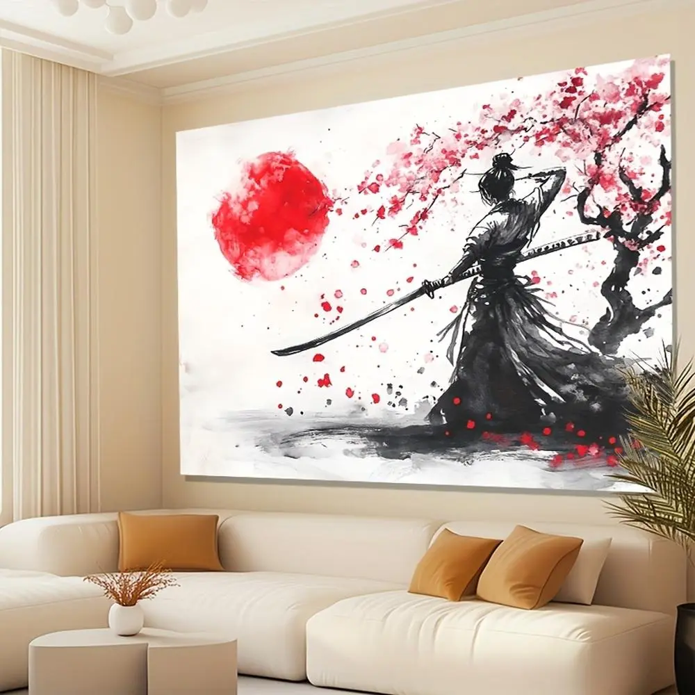 1pc Elegant Durable Soft Texture Polyester Japanese Glam 2D Flat Samurai Wall Hanging Tapestry - White, Cherry Blossom & Red Sun Samurai Motif, Machine Washable, for Indoors Living Room Decor, Unique Gift Idea