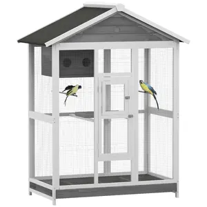 PawHut 64.5" Wooden Bird Cage Aviary, Flight Cage with 4 Perches, Nest and Slide-Out Tray for Indoor/Outdoor, Gray