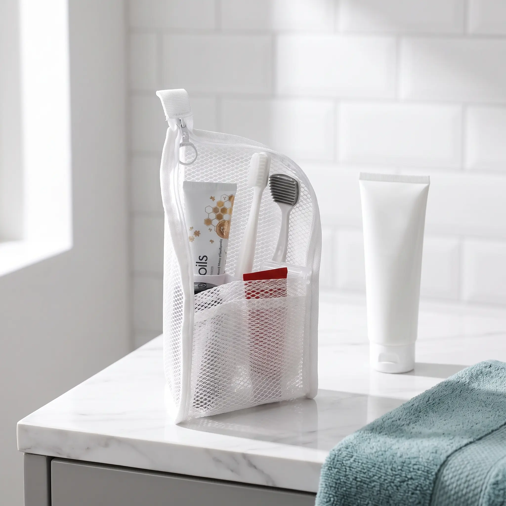 【handtools】Mesh Zipper Toiletry Storage Pouch - Multi-Pocket Travel Cosmetic Organizer Bag for Bathroom Counter, Vacation Use
