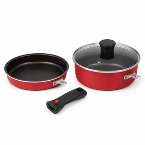 Red Nonstick Pan Set with Detachable Handle – Compact Cookware Set for One Person, Portable Camping & Outdoor  Pots and Pans – Lightweight, Easy to Clean cooking quick