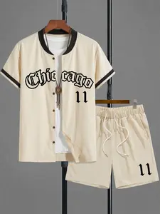 Men's Chicago #11 Graphic 2-Piece Outfit | Beige Mesh Short Sleeve Baseball Jersey + Drawstring Shorts, Retro Gothic Print, Breathable Fabric, Perfect for Streetwear, Basketball & Summer | Trendy Set