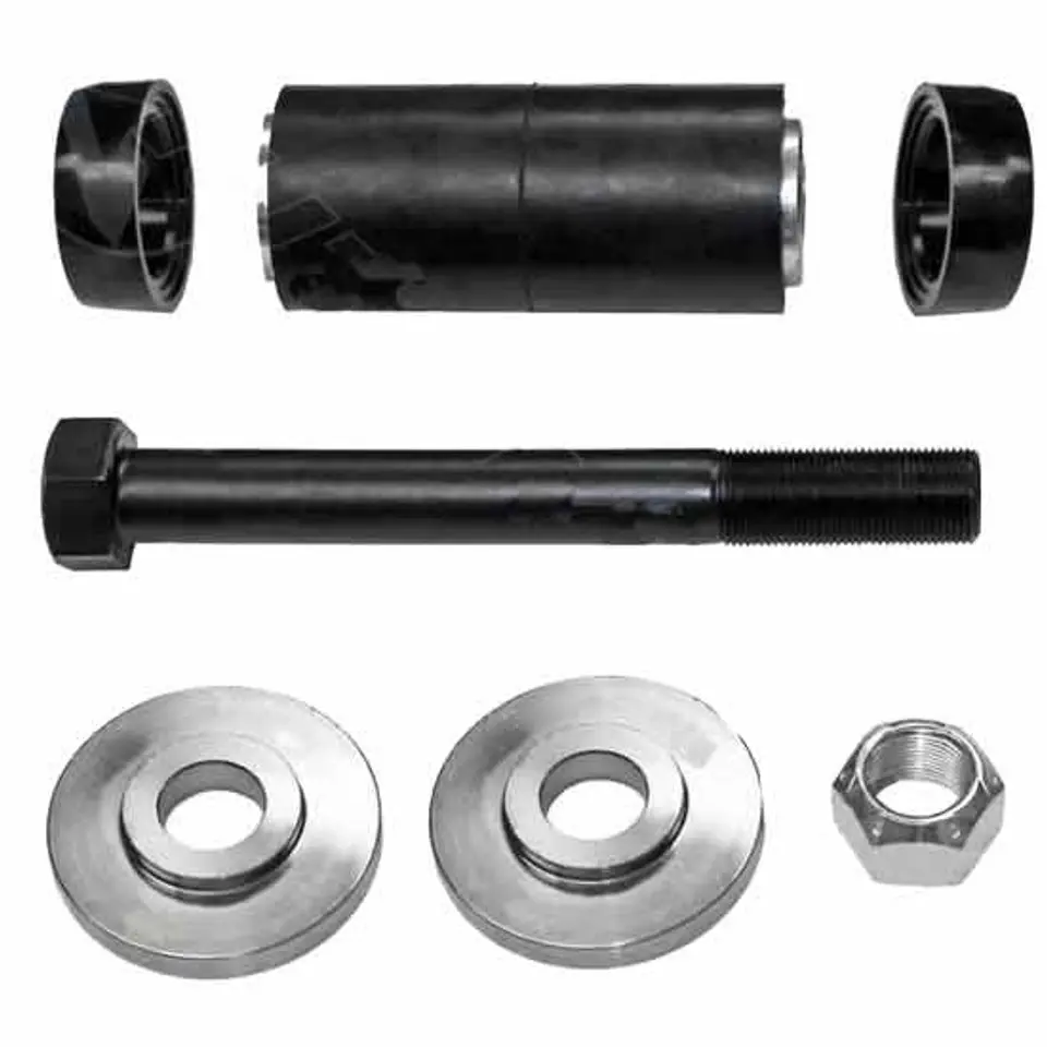 High Quality Aftermarket Spring Bushing Kit - 1 Bushing, 1 Bolt, 2 End Compression Washers, Lock Nut, OE Replaces Peterbilt Truck Air Leaf Suspension Replacement Mechanical Hardware Part