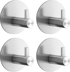 Towel Hooks for Bathroom (4 Pack) Adhesive Towel Hook Shower Hooks for Inside Shower - Sticky Bathroom Wall Hooks for Hanging Towels, Robe, Loofah, Bath Sponge - Brushed Nickel Towel Hooks