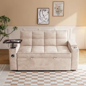 65" 3-in-1 Convertible Sofa Bed with Pull-Out Sleeper,  Modern Chenille Couch for Small Spaces，360° Swivel Table & Charging Ports, Easy Assembly, for Living Room & Apartments