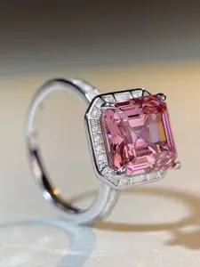 Women's Silver Color Ring with Diamond Accents, Deep Rose Quartz Gemstone Jewelry, Full Diamond Square Box Design