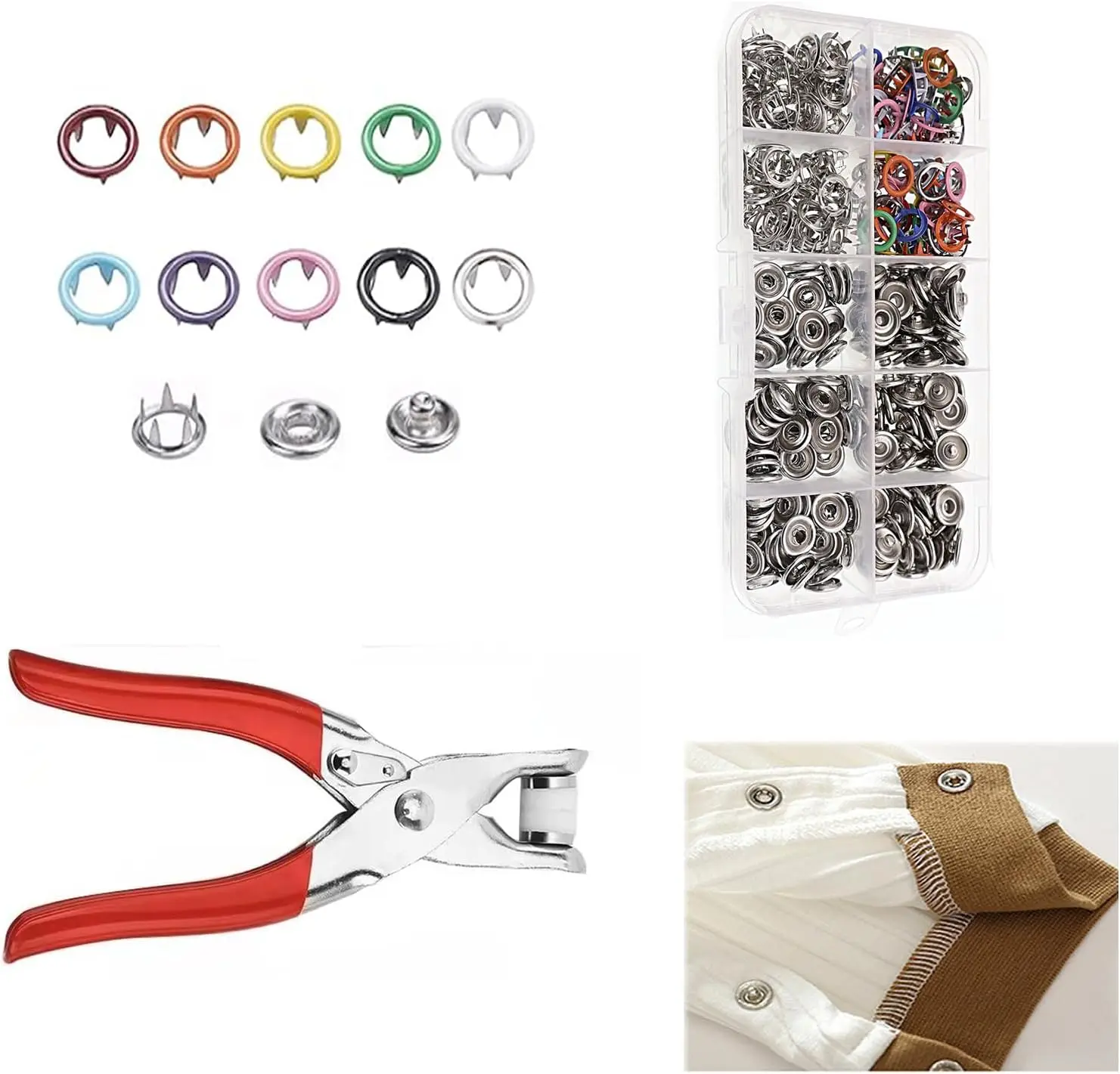 Crafts Metal Snap Button Kit 100 Sets, Metal Press Stud Set, Snap Fasteners Kit, Heavy-Duty Metal Snap Fastener Kit, Snaps for Fabric with Tool, Claw snap fastener set, 9.5mm snap buttons with Press Pliers Sewing Accessories