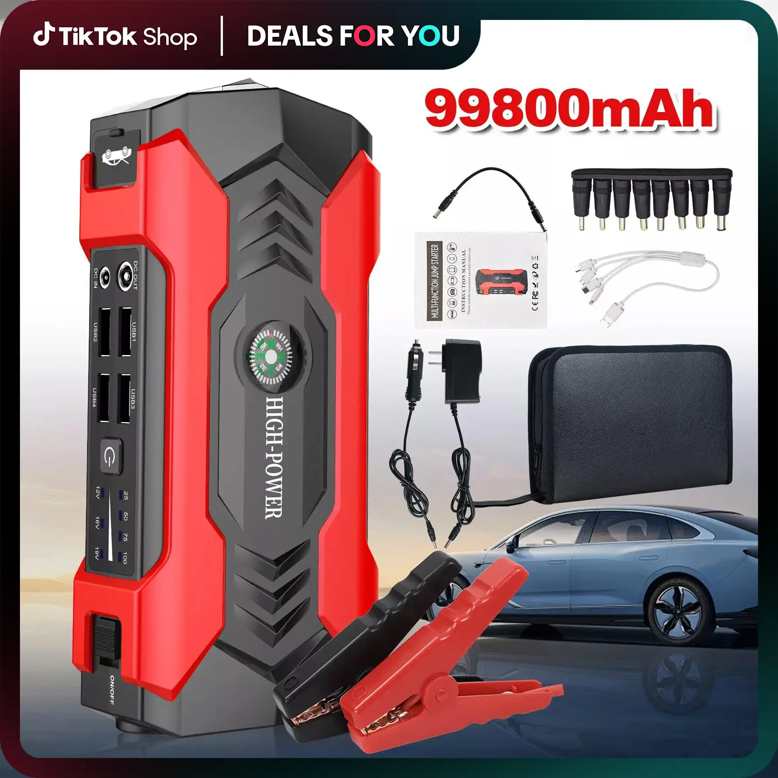 Car Jump Starter 99800mAh Booster Jumper Box Power Bank Battery Charger Portable, Outdoorfun