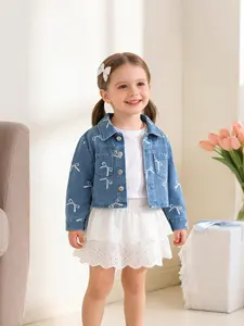Young Kids (4‑7 Years) Girls Spring‑Autumn Bow‑Print Denim Jacket, Summer Denim Jacket, Short Lapel Soft Denim Top, Sweet Princess‑Style Daily Outfit, Breathable and Skin‑Friendly, Outfit for Indoor Air‑Conditioned Rooms, Weekend Outings