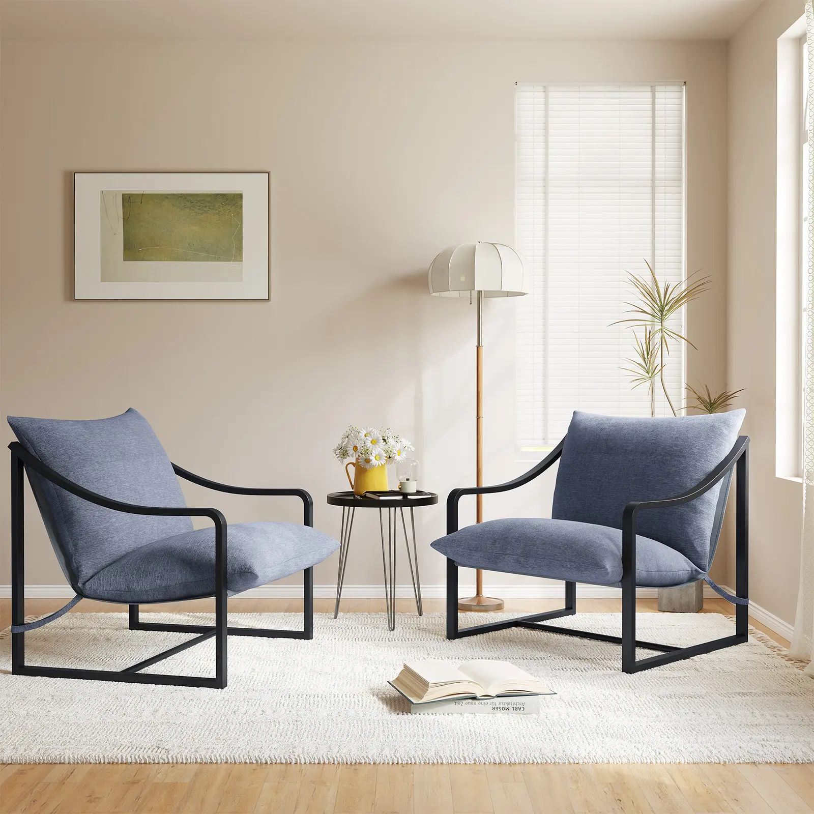 2-Piece Modern Sling Accent Chair Set, Soft Fabric Armchair with Removable Cushion, Heavy-Duty Metal Frame Leisure Chairs, Indoor Comfy Seating for Home, Bedroom, Apartment & Lounge