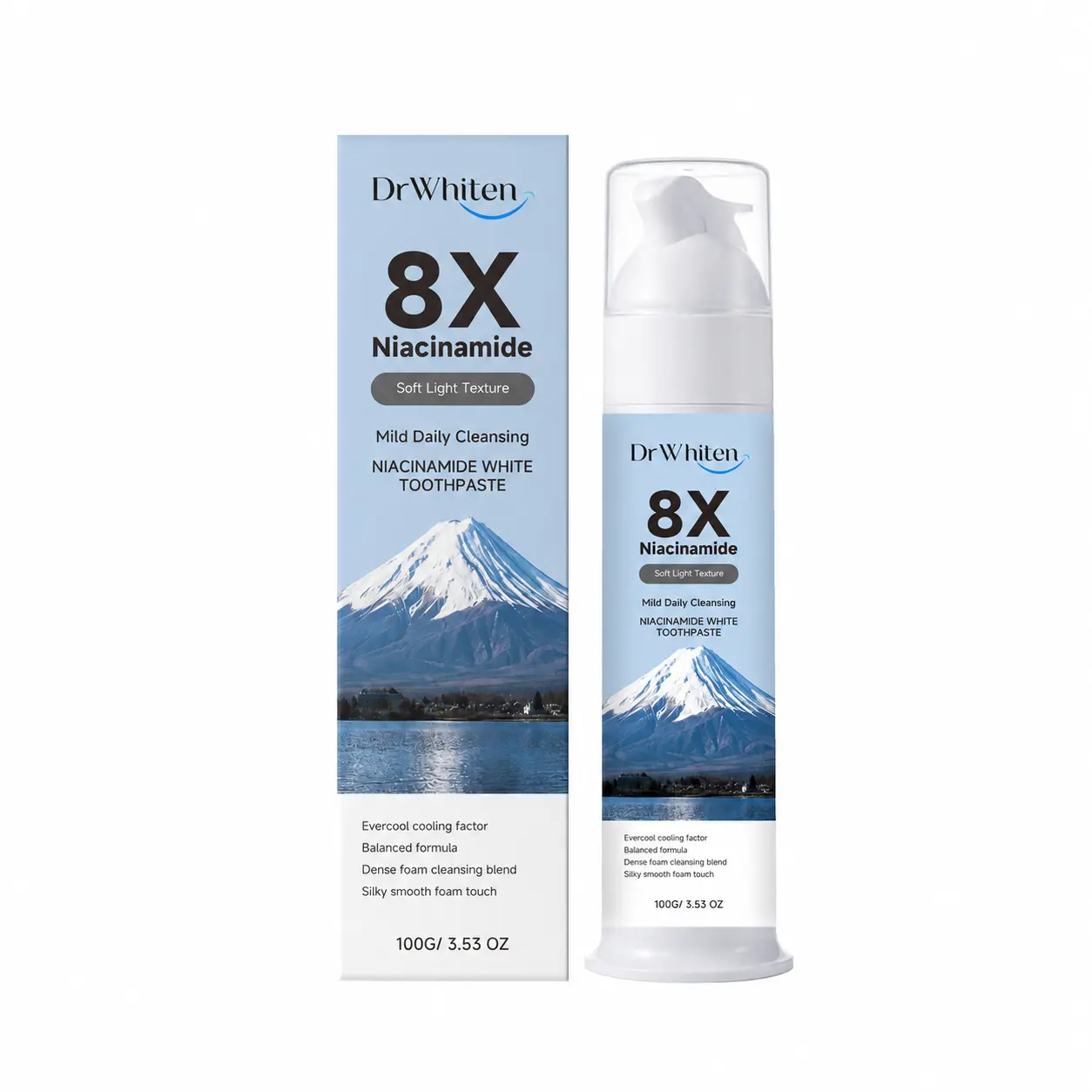 DrWhiten 8X Niacinamide Whitening Foam Toothpaste, Fresh Breath, Gentle Stain Care & Daily Teeth Cleaning, Pump Bottle, 100g