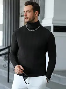 Men's Long Sleeve Knitted High Neck Pullover, Slim Fit Casual Solid Color Underwear, Perfect for Autumn Winter Street Style, Knitwear, Menswear