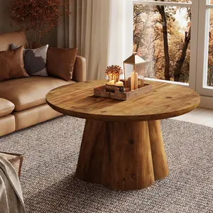 TribeWood Solid Wood Coffee Table for Living Room, 31.5-Inch Round Farmhouse Tea Table with Sturdy Base, Brown