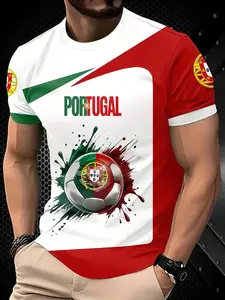 Men's Portuguese Football Themed 3D Printed T-Shirt - Vibrant Portuguese Flag and Football Design, Casual Short Sleeve Crew Neck T-Shirt, Lightweight Polyester Fabric, Perfect for Fans and Casual Wear, Football Event Apparel | Football Pattern T-Shirt