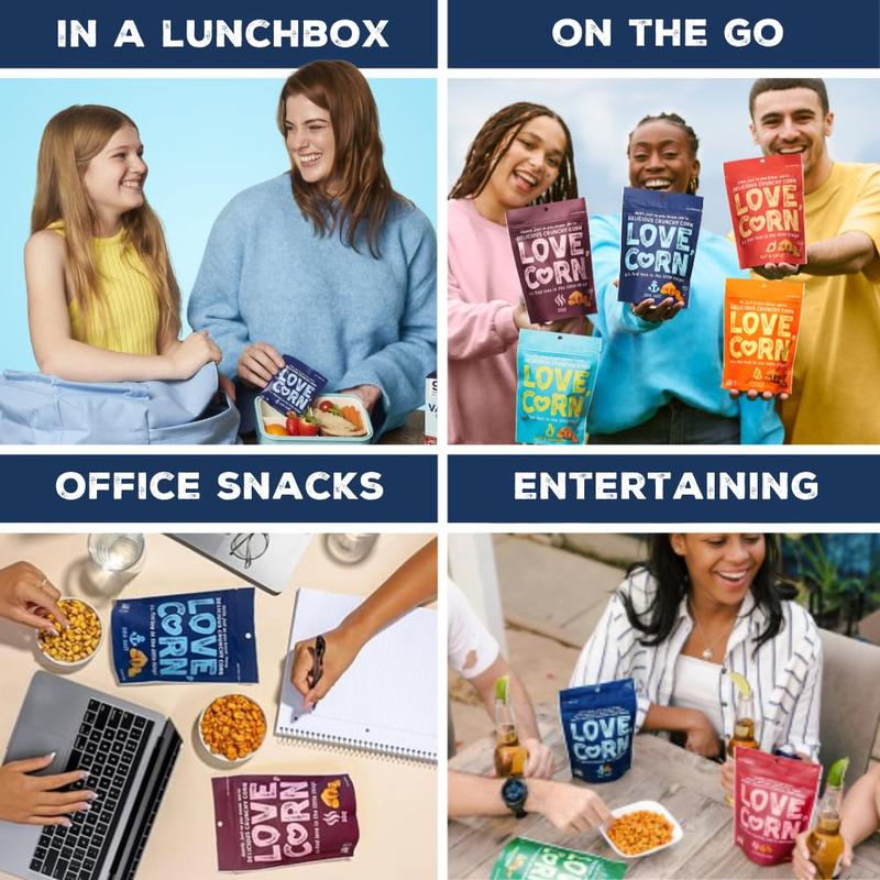 LOVE CORN Sampler Variety Pack 0.7oz x 8 Bags [2x Sea Salt, 2x Sour Cream and Onion, 1 Each of Cheddar, BBQ, Salt & Vinegar and Hot & Spicy] - Delicious Crunchy Corn - Healthy Family Snacks - Gluten Free, Kosher, NON-GMO