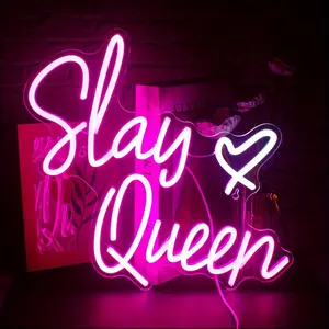 Slay Queen Heart Pink White Neon Sign USB Powered Dimmable - Perfect for Bedroom, Dorm Decor and Valentine's Day Gifts!
