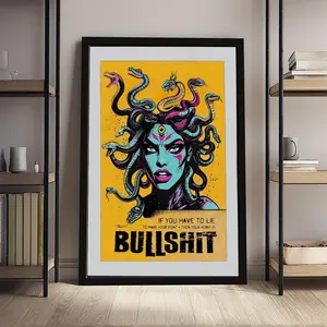 Grunge Pop Art Medusa Print, Greek Mythology Goddess Wall Decor, "If You Have to Lie" Sassy Quote Poster, Bold Yellow & Teal Medusa Artwork, Edgy Anti-BS Statement Wall Art for Living Room Bedroom
