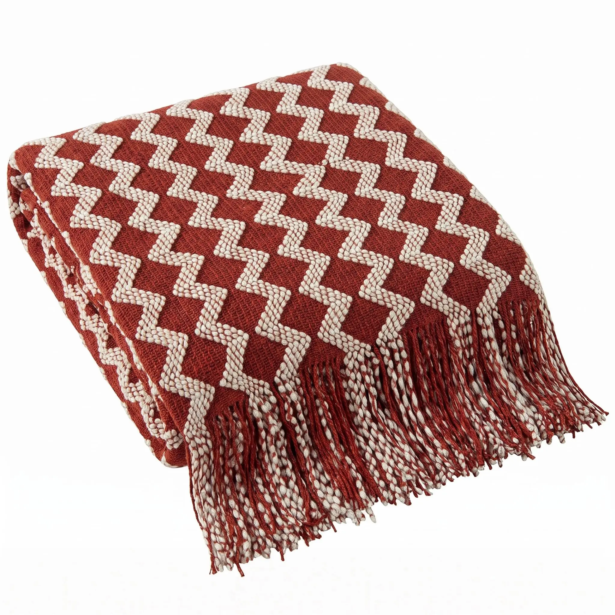 J9 Red and White Striped Acrylic Knit Throw Blanket - Lightweight Chevron Wave Knit Cover with 7in Tassel Detail, Boho Chic Bedroom & Living Areas Decor, Travel Ready Layering Blanket, Chevron Waves