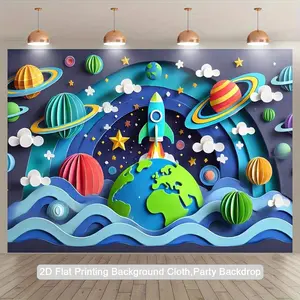 1pc 2D Flat ft Space - Themed Polyester Backdrop Cloth Vibrant Rocket Launch & Planet Scene with Stars, Planets Clouds Ideal for Birthday Parties, Holiday Decorations, Indoor/Outdoor Photography B