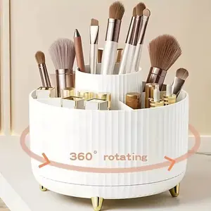 360° Rotating Makeup Organizer - 1pc Plastic Cosmetic Storage with 5 Compartments - Multi-Functional Holder for Brushes