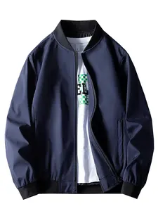 Men's Solid Color Pocket Zip Up Bomber Jacket, Regular Fit Casual Long Sleeve Baseball Collar Outerwear for Spring & Fall, Fashion Men's Clothes for Daily Wear