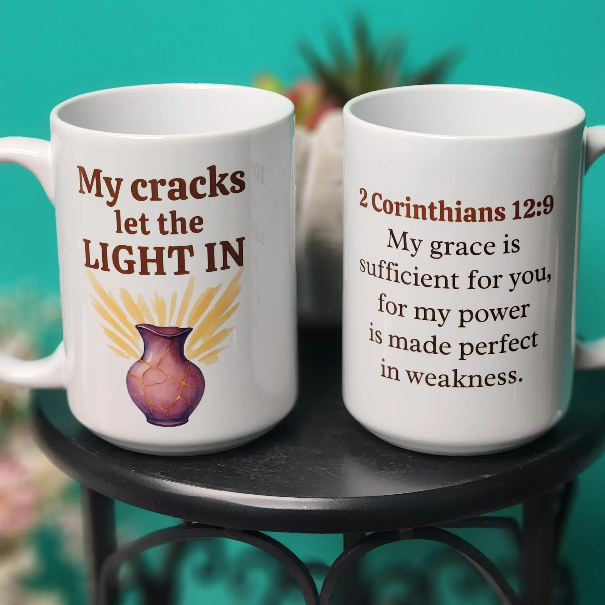 My Cracks Let the Light In 15oz Ceramic Mug with 2 Corinthians 12:9 Scripture Dishwasher & Microwave Safe Perfect for Coffee Tea or Daily Reflection
