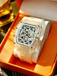 Transparent Barrel Watch Case with Rainbow Bezel, Fashionable Quartz Watch, Rubber Strap, Waterproof, Stylish and Versatile