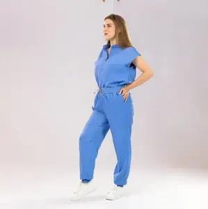 Eadflie Trendy Scrub Set for Women – Sleeveless Stand Collar Top, Straight Leg Pants, 9 Pockets & Soft Stretch Fabric