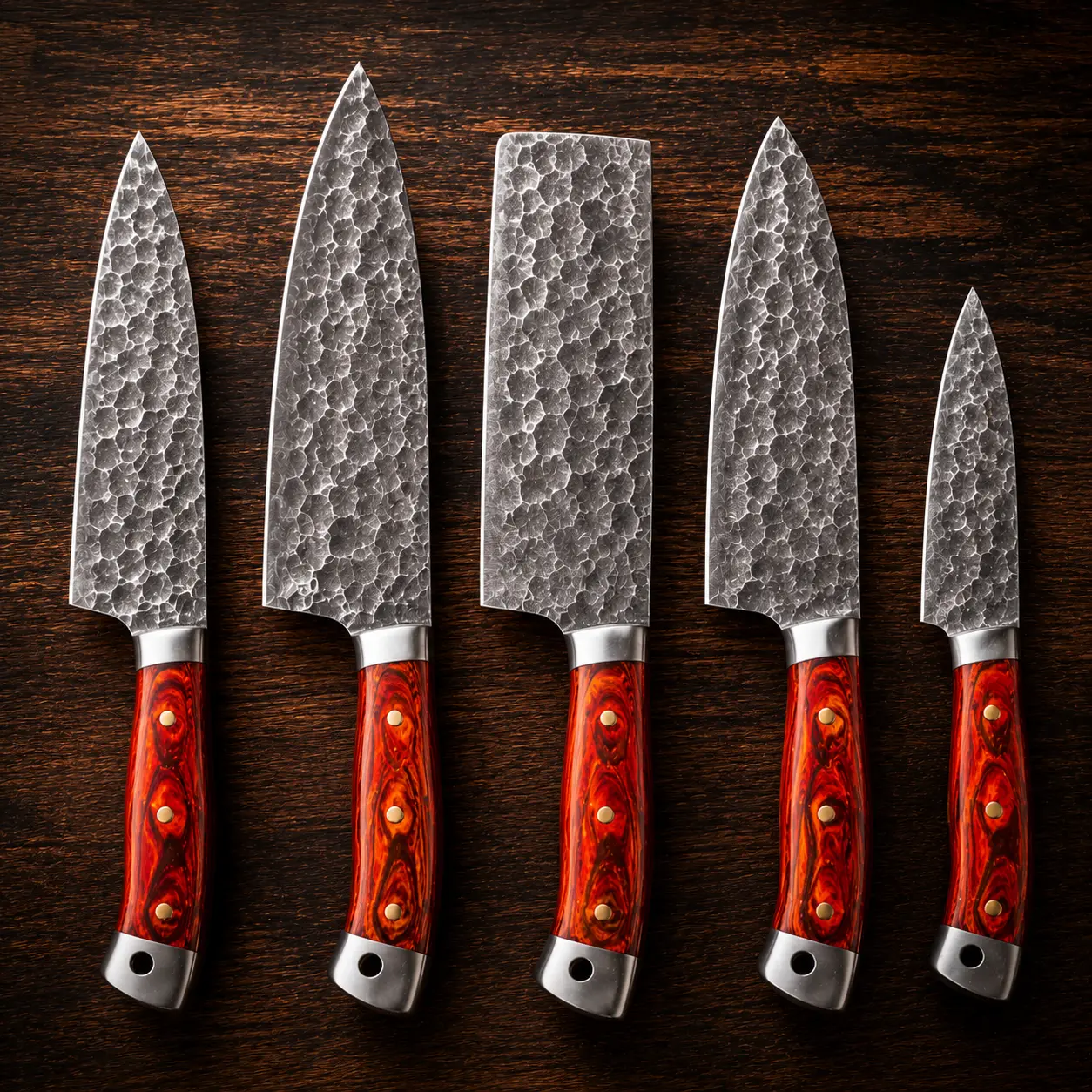 ALI 5-Piece Hammered Kitchen Knife Set - Sharp Blades, Leather Sheaths, Steel Wood Handles, Blade