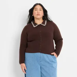 Women's Embellished Collar Cardigan Sweater - Future Collective Dark Brown 4X