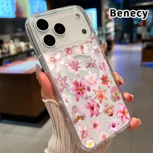 Magnetic Phone Case for iPhone 17 Pro Max 16 Plus 15 14 13 12 11 Air E Blush Floral Symphony Pattern Acrylic Back Shockproof Ultra Thin Mobile Phone Cover Gift for boy girl