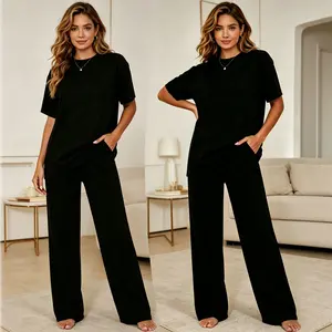 Casual Relaxed Fit Two Piece Home Suit, Women Loose Short Sleeve Loungewear Set, Side Slit Top Pocket Wide Leg Pants, Ideal for Daily Lounging & Casual Travel