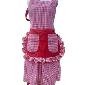 Red & White Handmade Apron with Gingham Pattern and Ruffled Design for Cooking and Baking