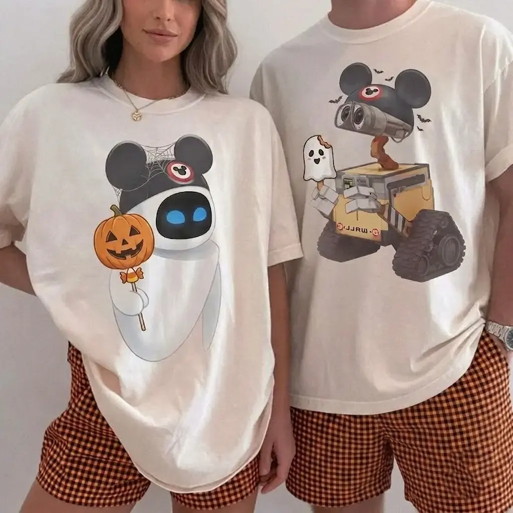 Retro Robot Couple Halloween Shirts, Cute Blue & White Character Matching Tee, Spooky Season Graphic Shirt, Vintage Fall Party Outfit