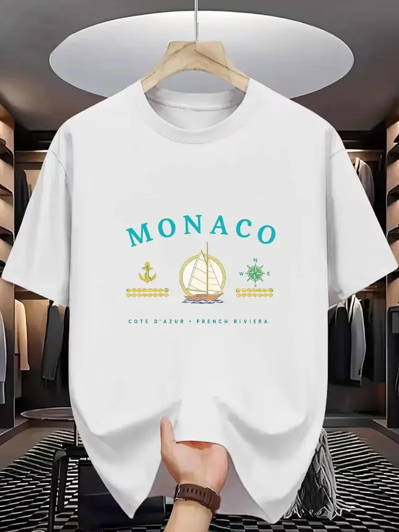 Women's Nautical Graphic Top, Monaco Cote D'Azur French Riviera Sailboat Anchor Compass Print, Menswear-Inspired Casual Short-Sleeve Tee for Coastal Vacation Gifting