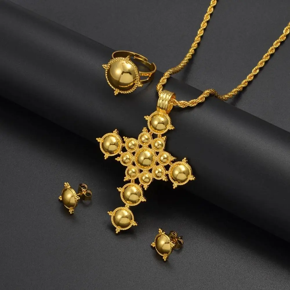 Anniyo Ethiopian Cross Necklace Earrings Rings African Party Jewelry Set Women Girls Eritrean Habesha Accessories @345906A