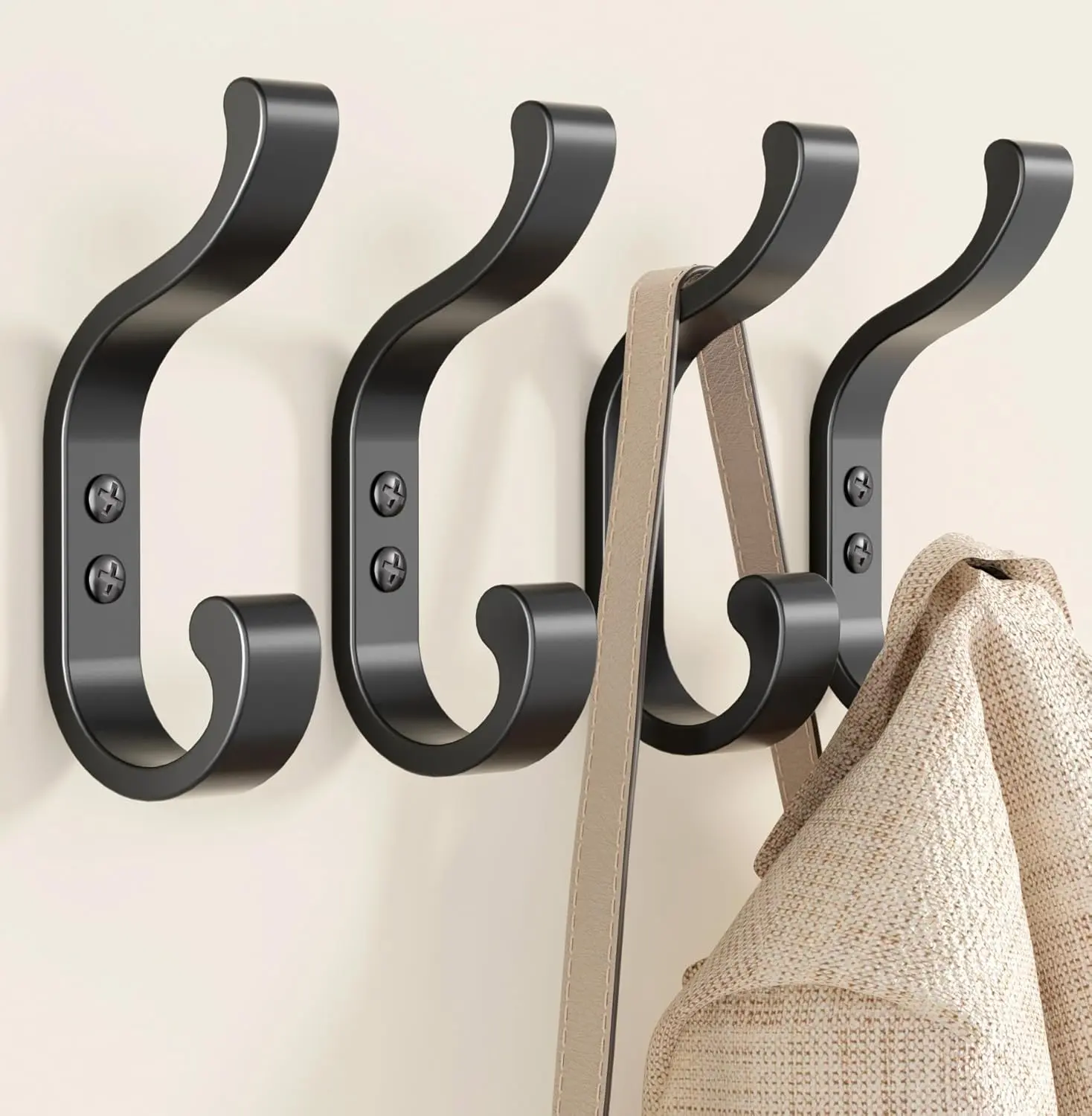 4-Pack Heavy-Duty Coat Hooks, Black Metal Screw-In Wall Hooks for Door, Closet, Bathroom & Bedroom, Towel, Bag, Jacket & Robe Hangers