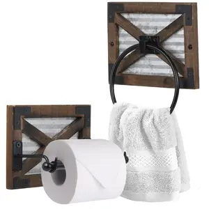 Autumn Alley 2-Piece Fustic Farmhouse Bathroom Towel Ring & Toilet Paper Holder Set - Weathered Brown Wood & Galvanized Metal - Rustic Country Style - Easy Installation